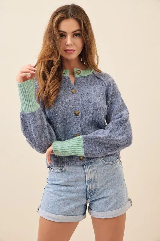 Blue Knit Raglan Sleeve Cardigan With Contrast