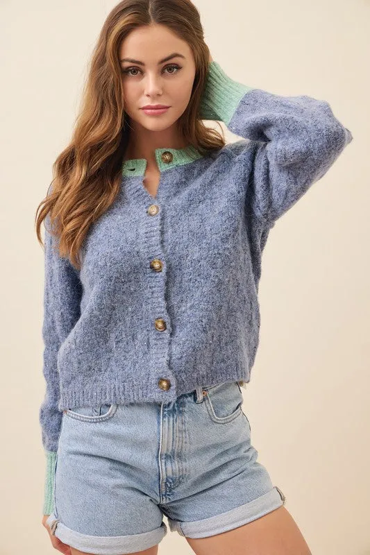 Blue Knit Raglan Sleeve Cardigan With Contrast