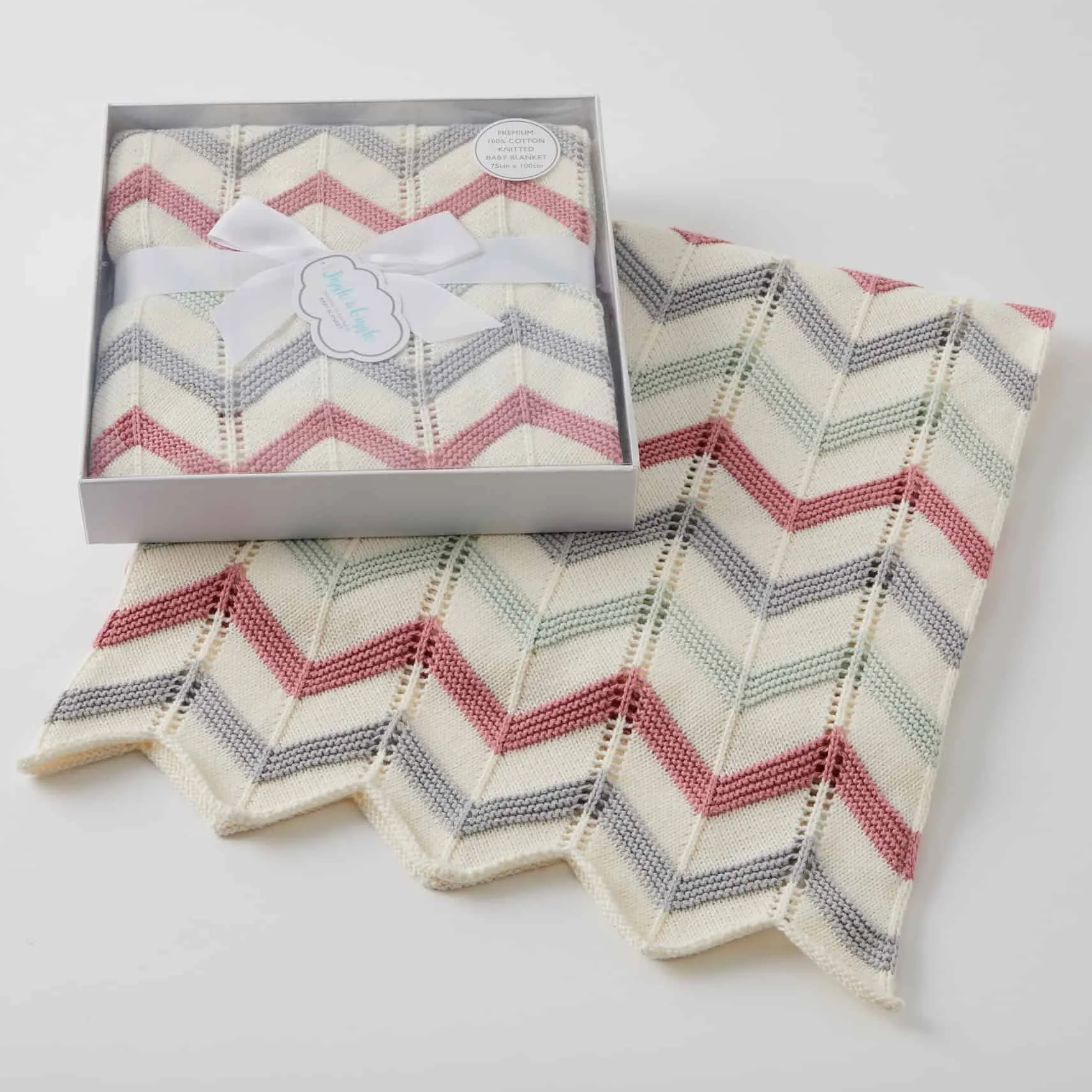 Blush Zig Zag Cotton Knit Baby Blanket & bonus Emma Heart Rattle