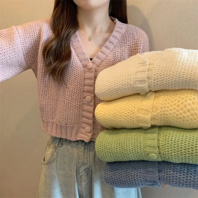 Bonnyshow  Y2K Knitted Cropped Cardigan Sweater Women Korean Short Long Sleeve Crop Tops Woman Solid Color V Neck Cardigans Female