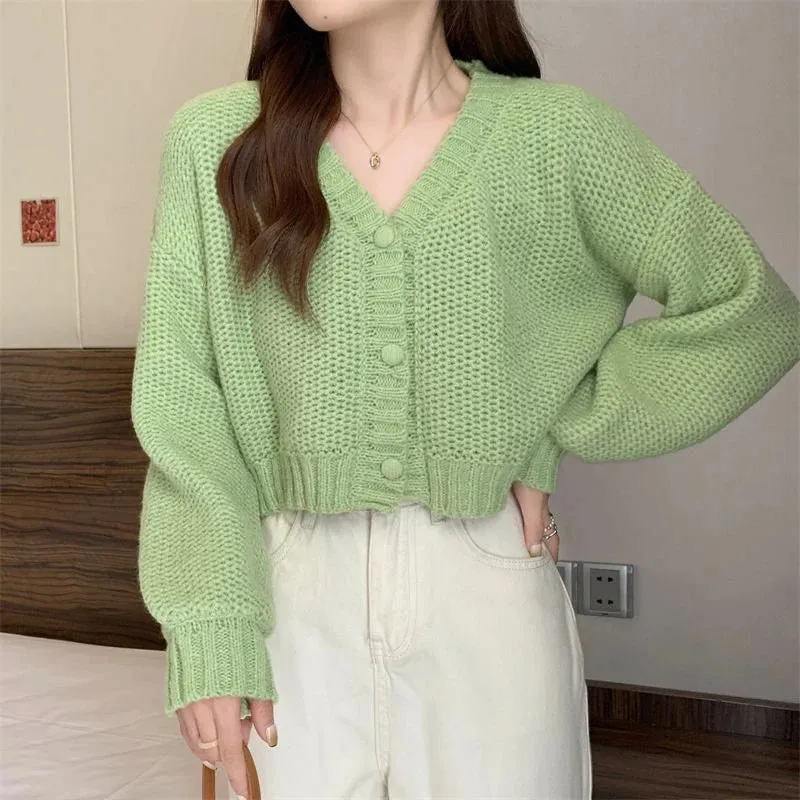 Bonnyshow  Y2K Knitted Cropped Cardigan Sweater Women Korean Short Long Sleeve Crop Tops Woman Solid Color V Neck Cardigans Female