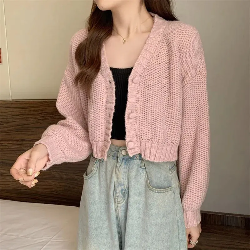 Bonnyshow  Y2K Knitted Cropped Cardigan Sweater Women Korean Short Long Sleeve Crop Tops Woman Solid Color V Neck Cardigans Female