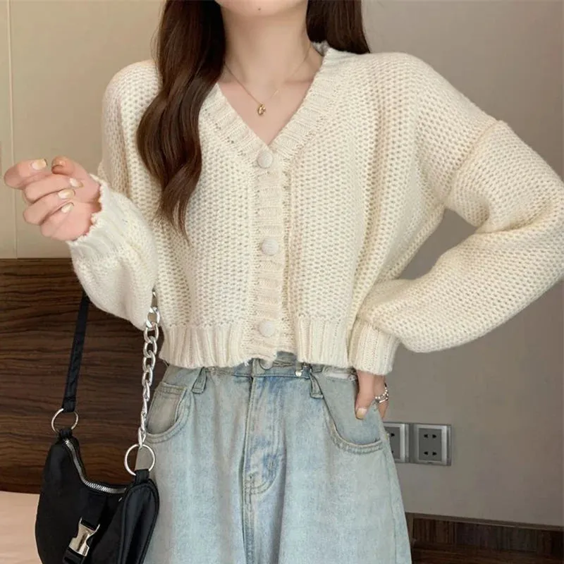 Bonnyshow  Y2K Knitted Cropped Cardigan Sweater Women Korean Short Long Sleeve Crop Tops Woman Solid Color V Neck Cardigans Female