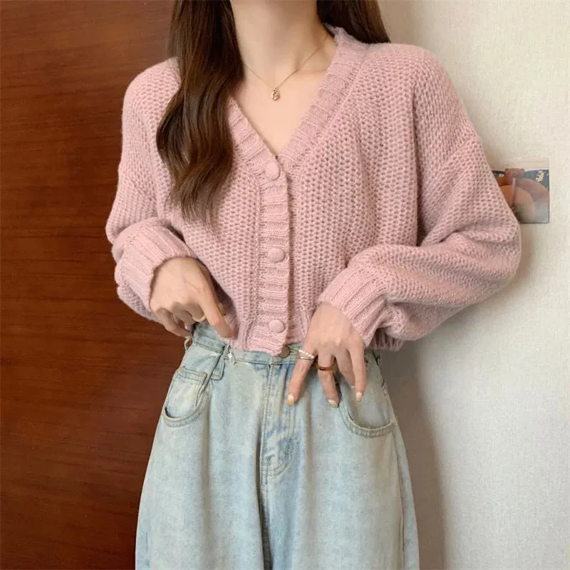 Bonnyshow  Y2K Knitted Cropped Cardigan Sweater Women Korean Short Long Sleeve Crop Tops Woman Solid Color V Neck Cardigans Female