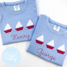 Boy Shirt - Sailboat Trio on Light Blue