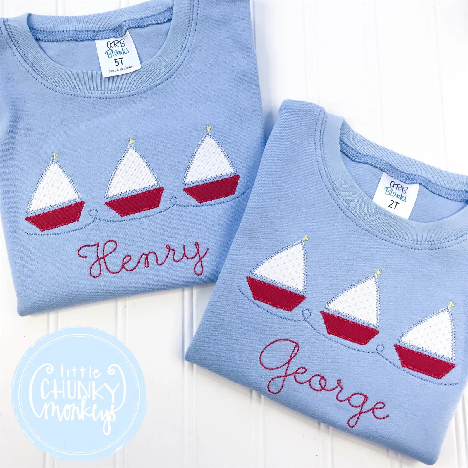 Boy Shirt - Sailboat Trio on Light Blue