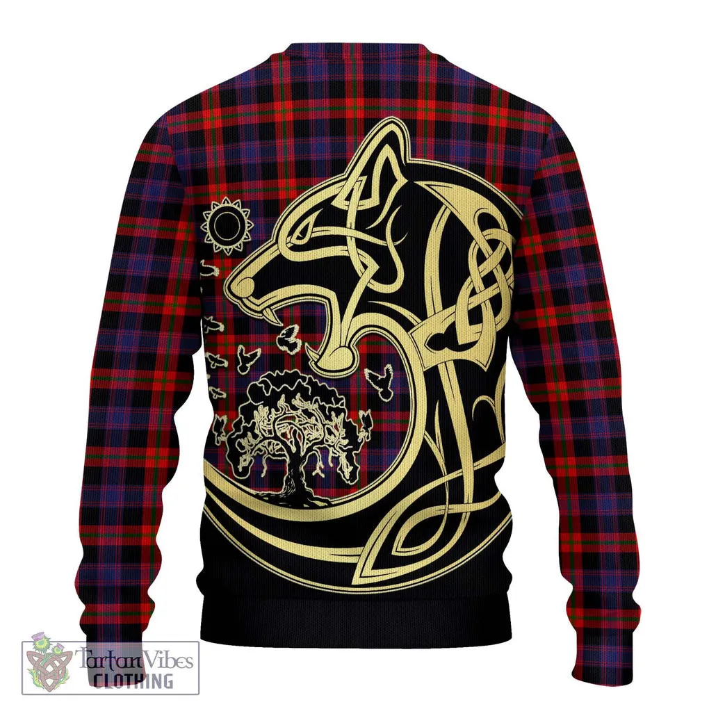 Broun Modern Tartan Ugly Sweater with Family Crest Celtic Wolf Style