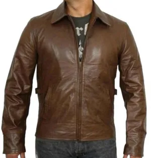 Brown Mens Zipper Leather Jacket Bikers Coat