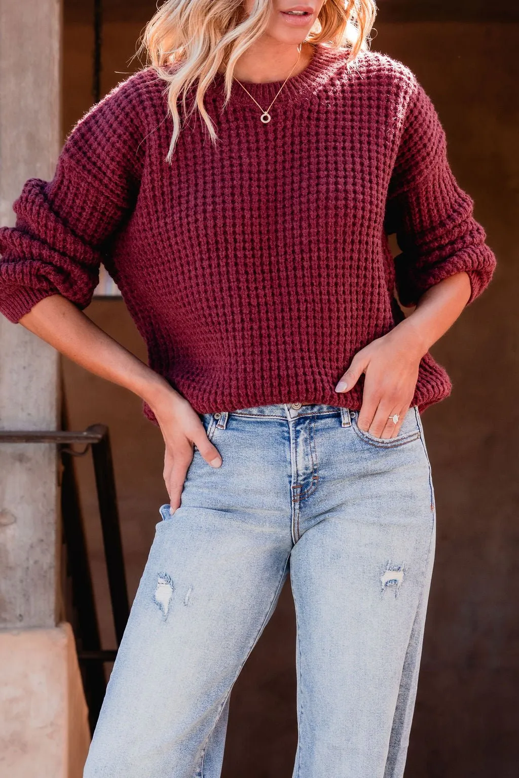 Burgundy Ribbed Waffle Knit Sweater