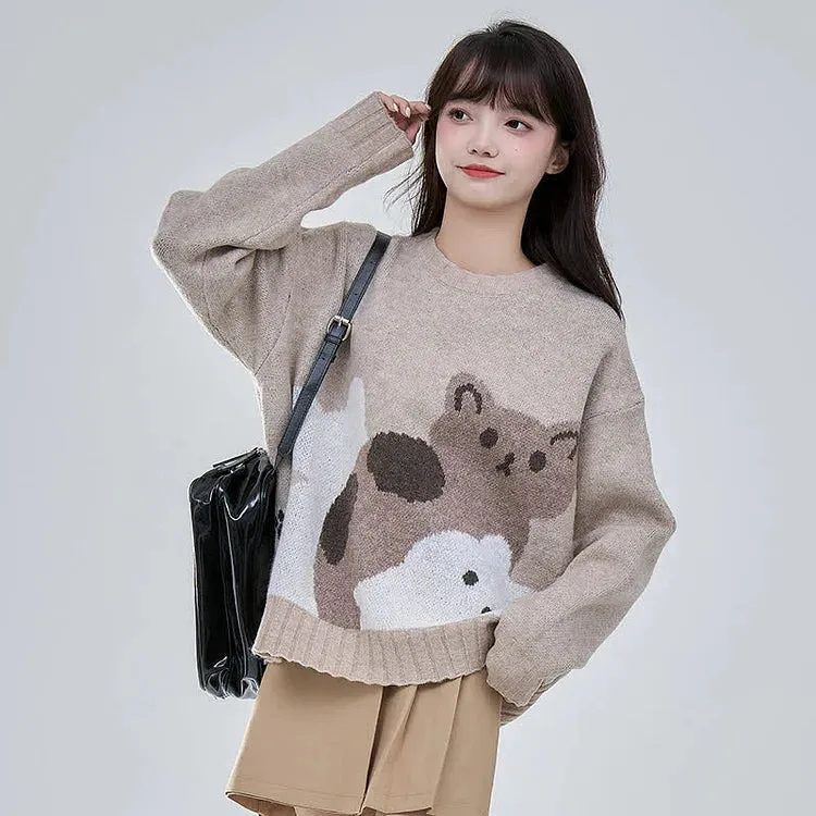 Cartoon Cat Print Casual Sweater