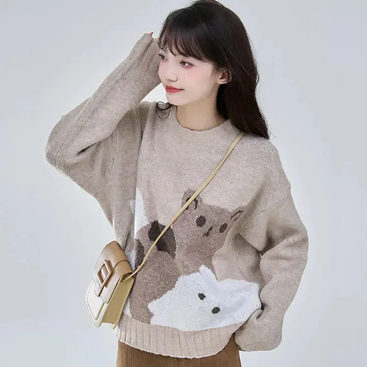 Cartoon Cat Print Casual Sweater