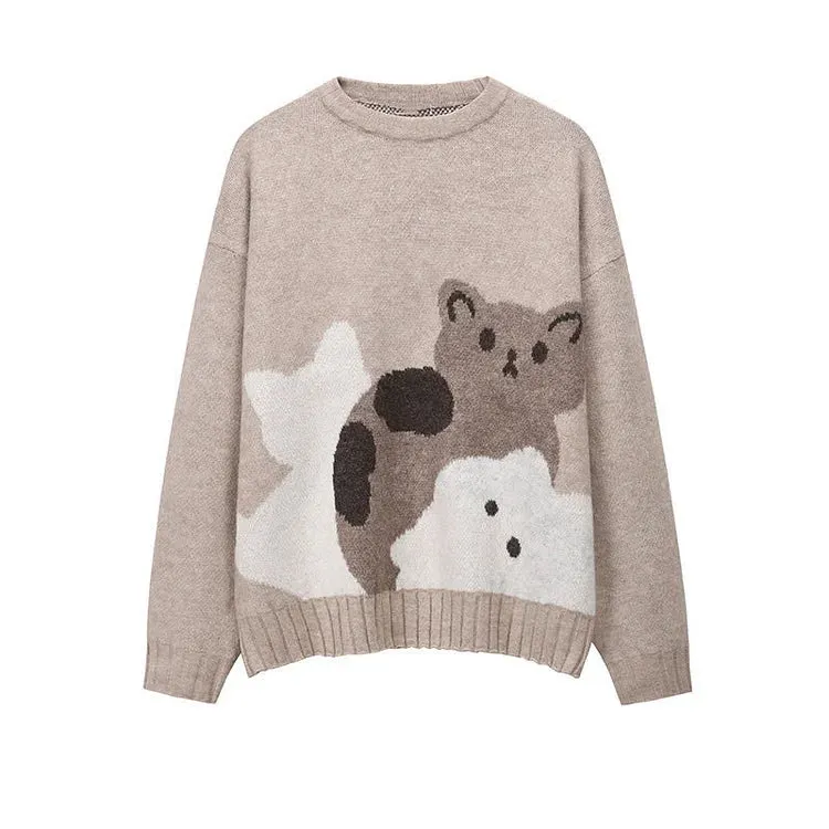 Cartoon Cat Print Casual Sweater