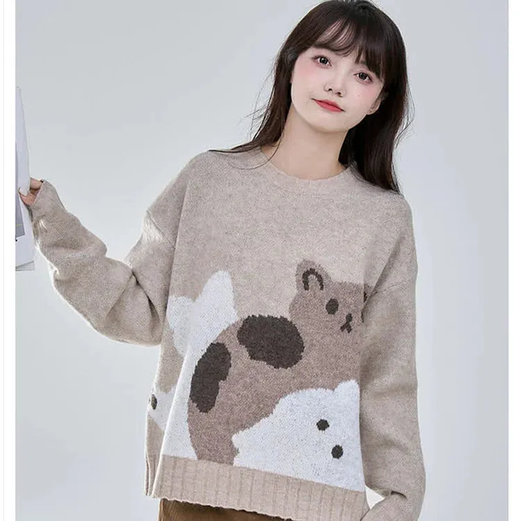 Cartoon Cat Print Casual Sweater