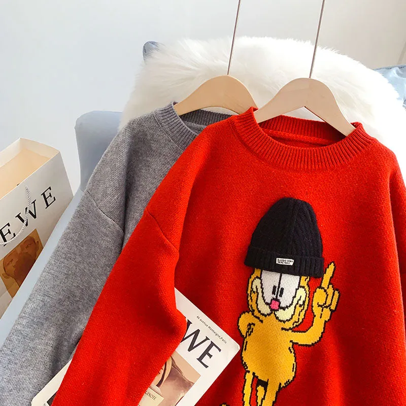 Cartoon pattern Crew Neck Sweater lazy style  5007