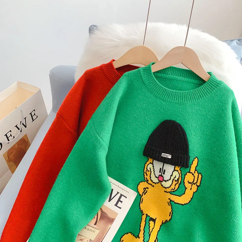 Cartoon pattern Crew Neck Sweater lazy style  5007