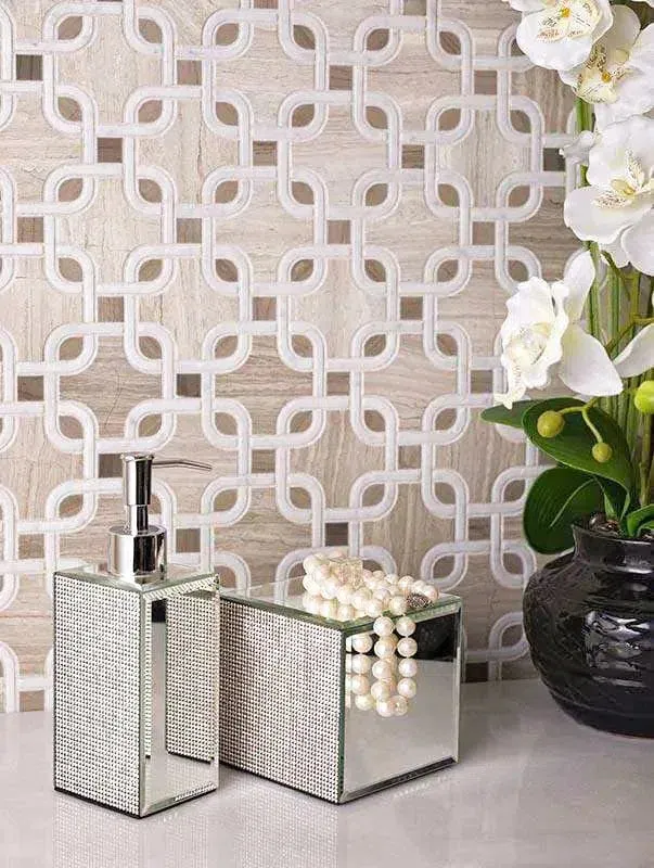 Chains Wooden Beige & White Carrara Marble Mosaic Tile