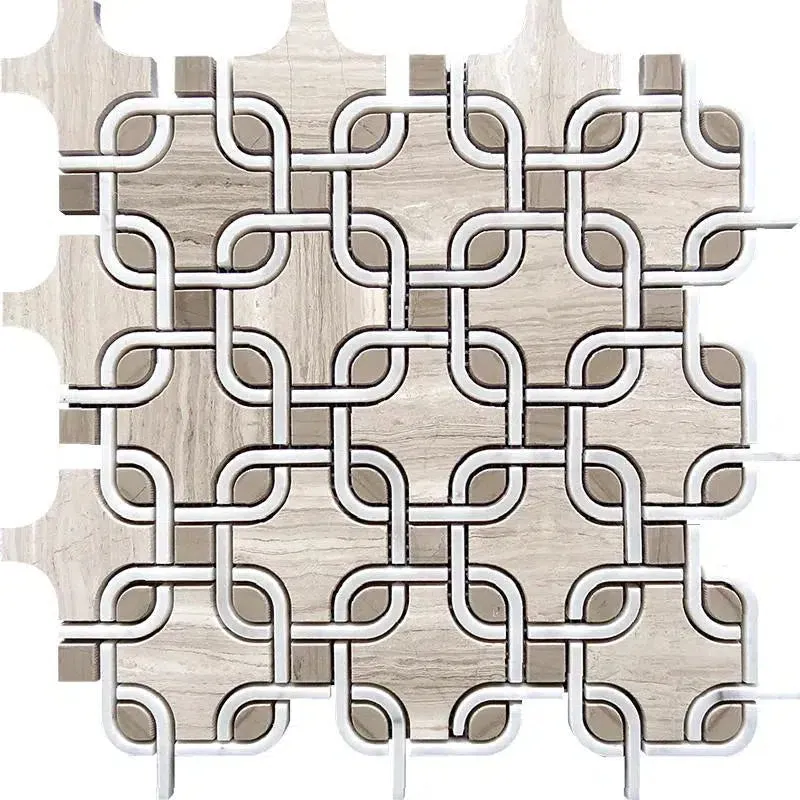 Chains Wooden Beige & White Carrara Marble Mosaic Tile