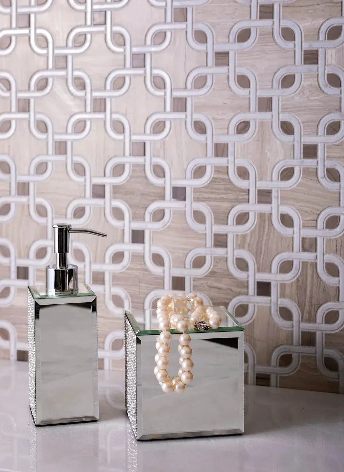 Chains Wooden Beige & White Carrara Marble Mosaic Tile