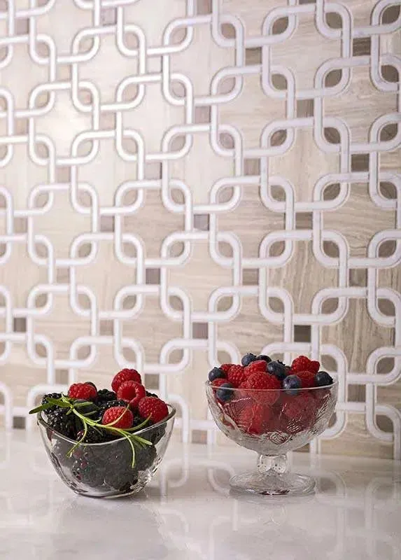 Chains Wooden Beige & White Carrara Marble Mosaic Tile