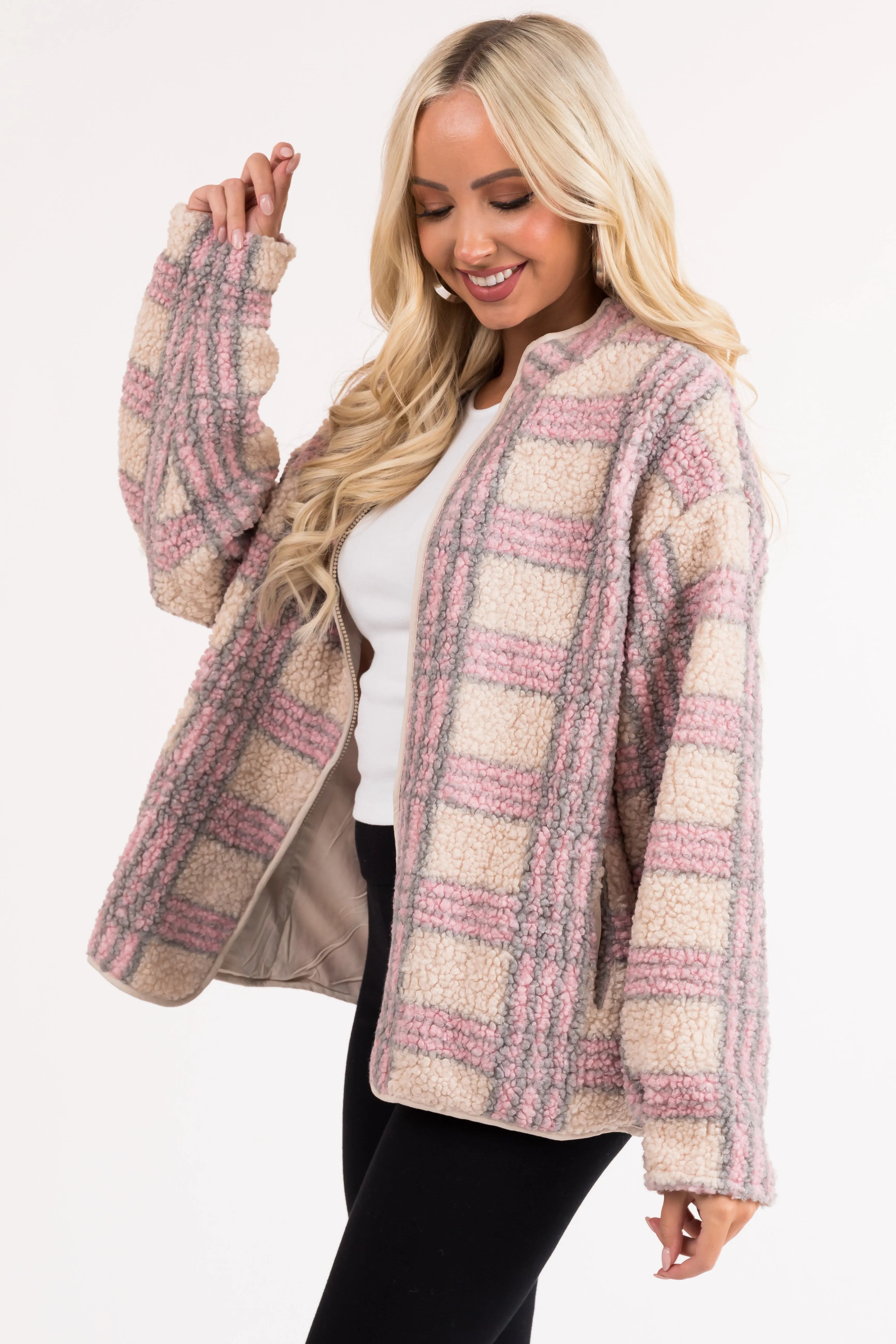 Champagne Plaid Sherpa Zip Up Jacket