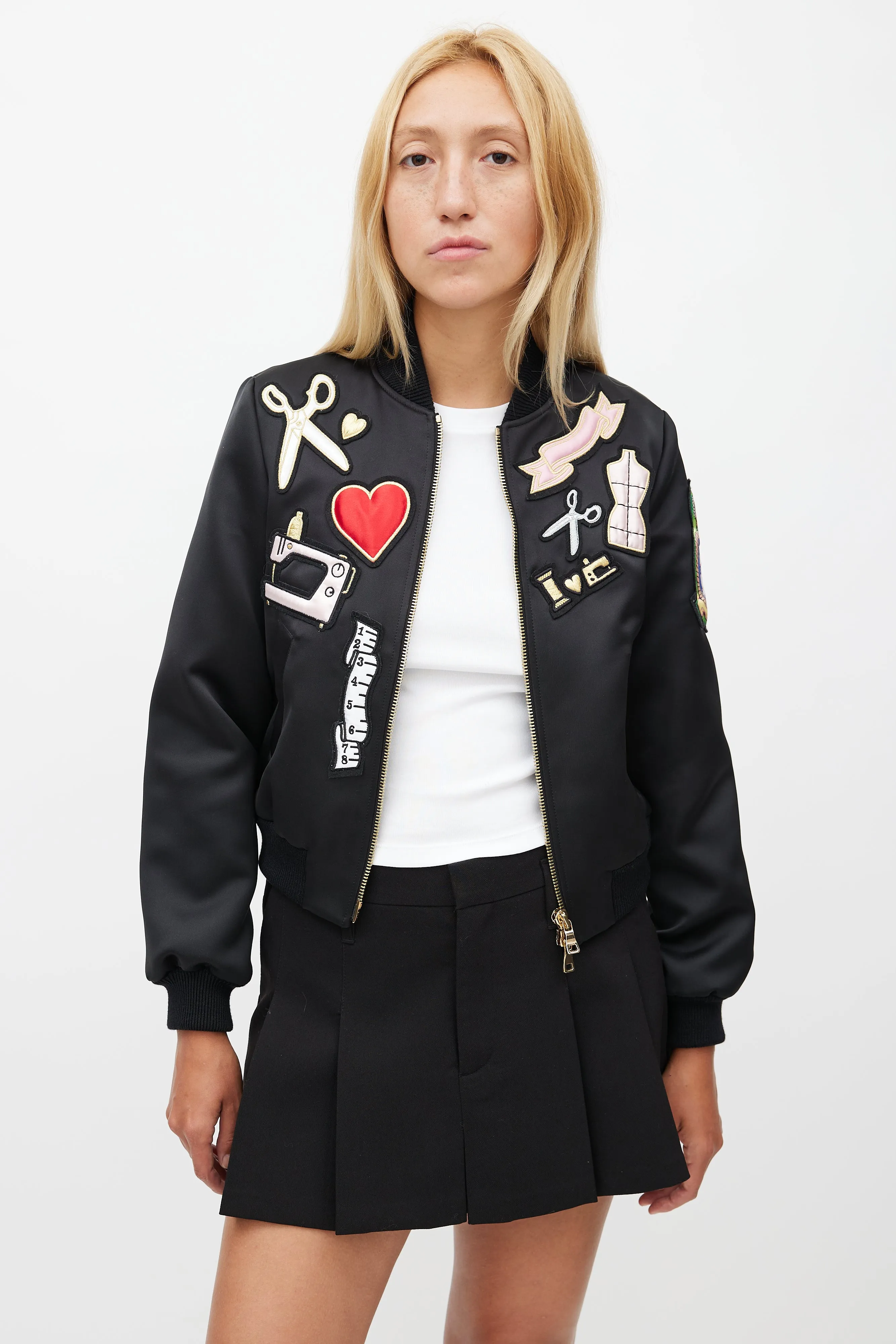 Cheap And Chic Black Satin Patches Bomber Jacket