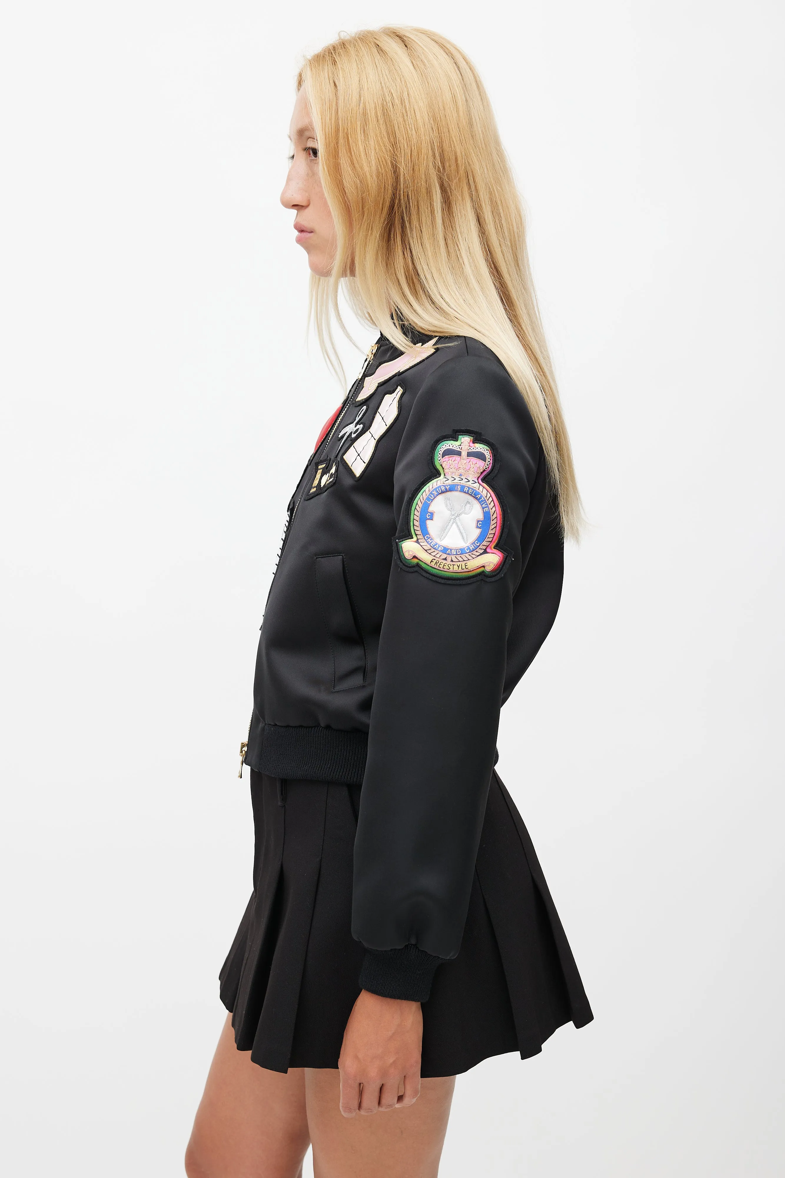 Cheap And Chic Black Satin Patches Bomber Jacket