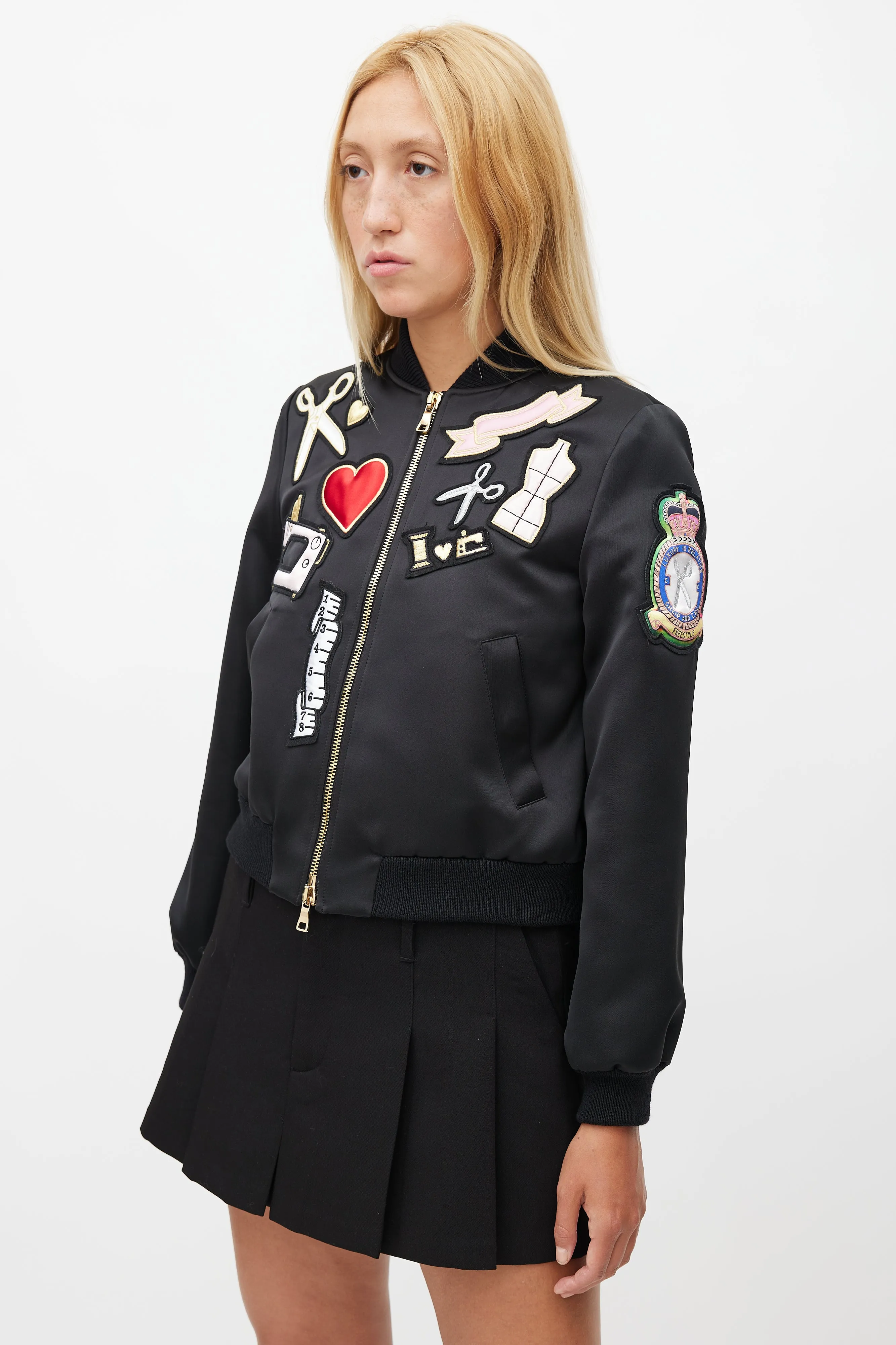 Cheap And Chic Black Satin Patches Bomber Jacket