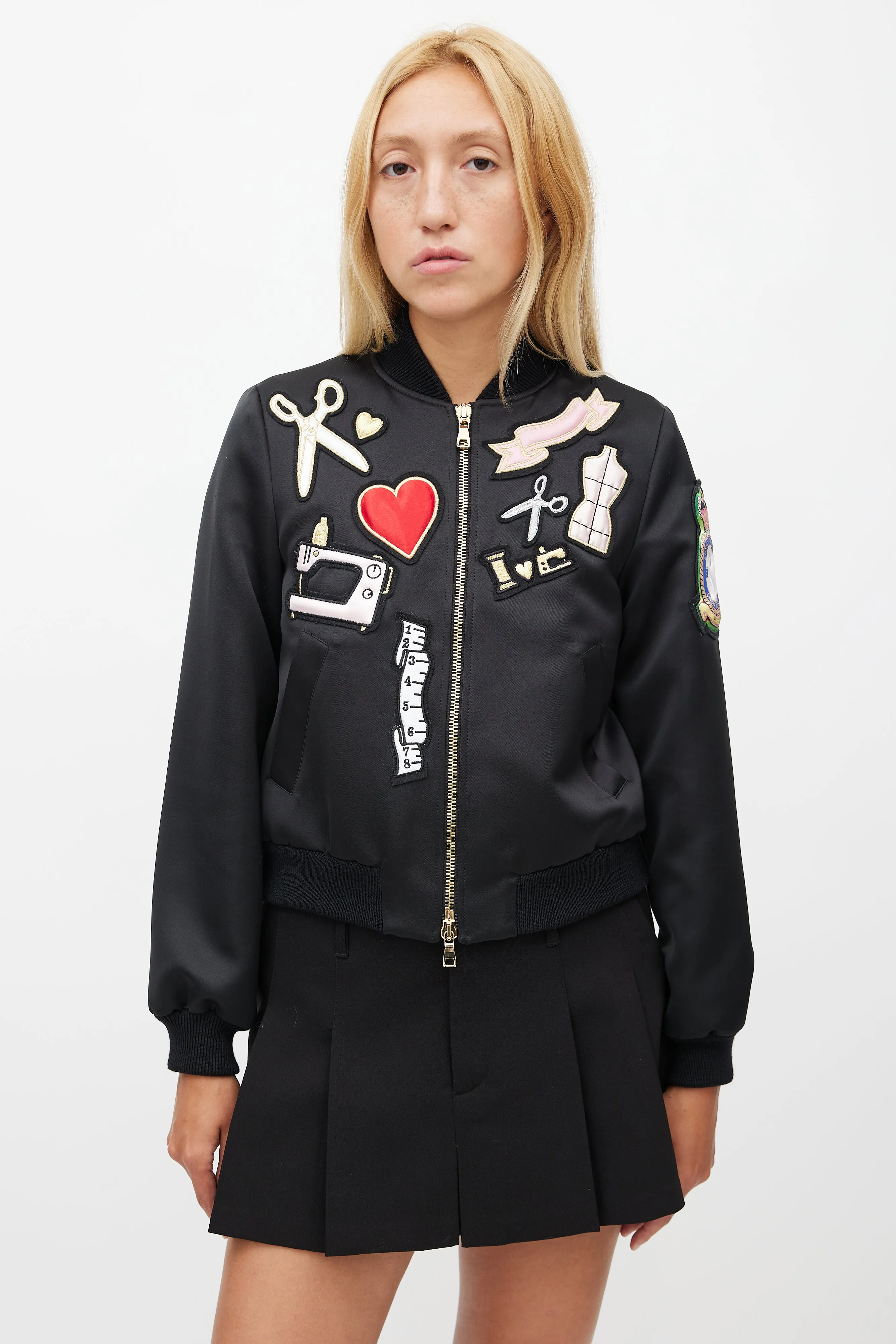 Cheap And Chic Black Satin Patches Bomber Jacket