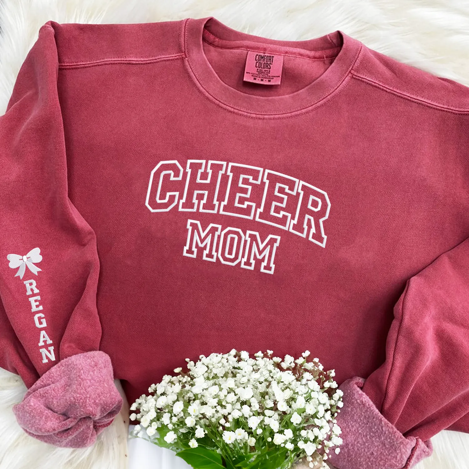 Cheer Mom Sweatshirt or Hoodie with Embroidered Kids Names on Sleeve