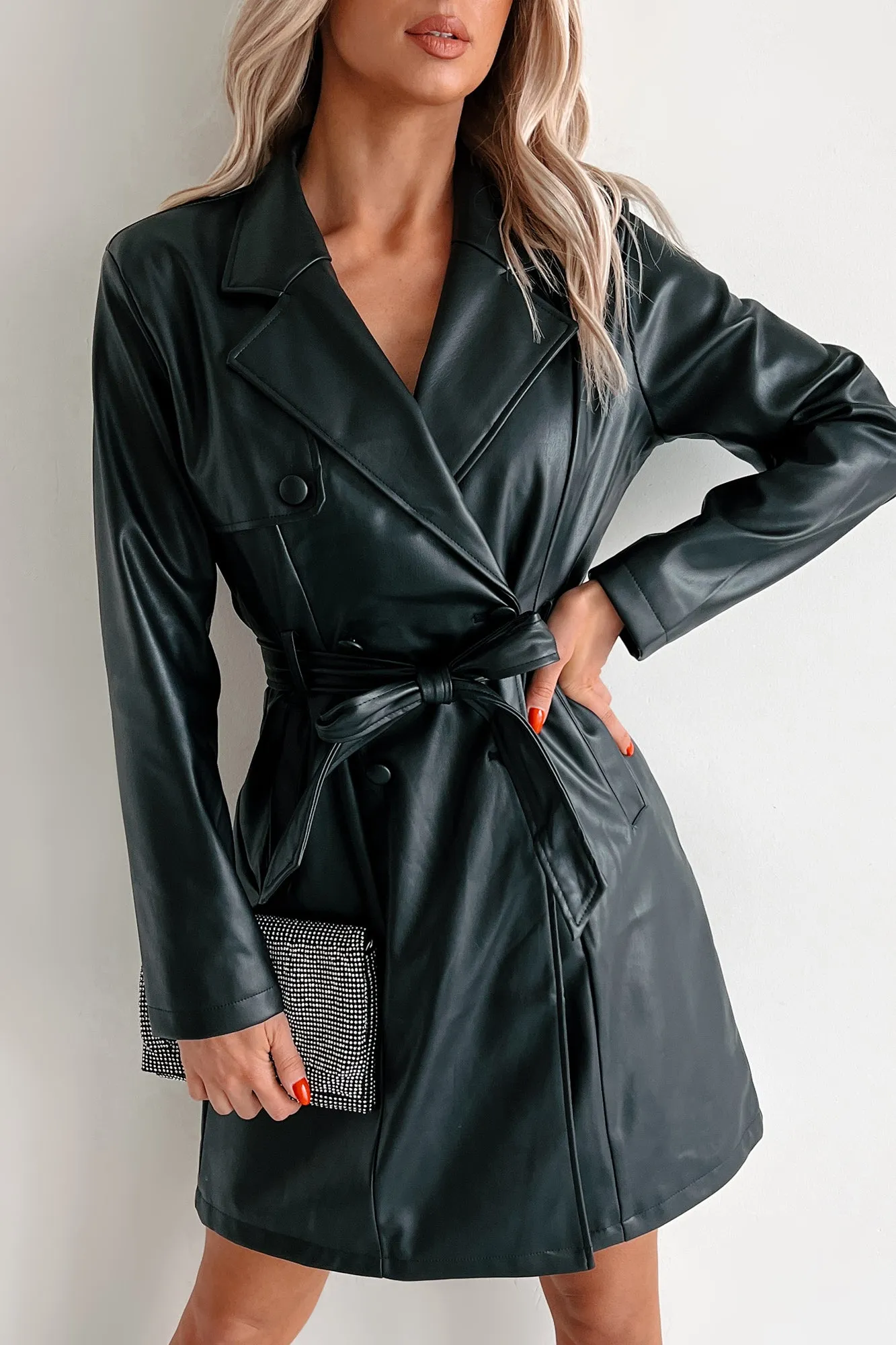 Chic Expectations Belted Faux Leather Trench Coat (Black)