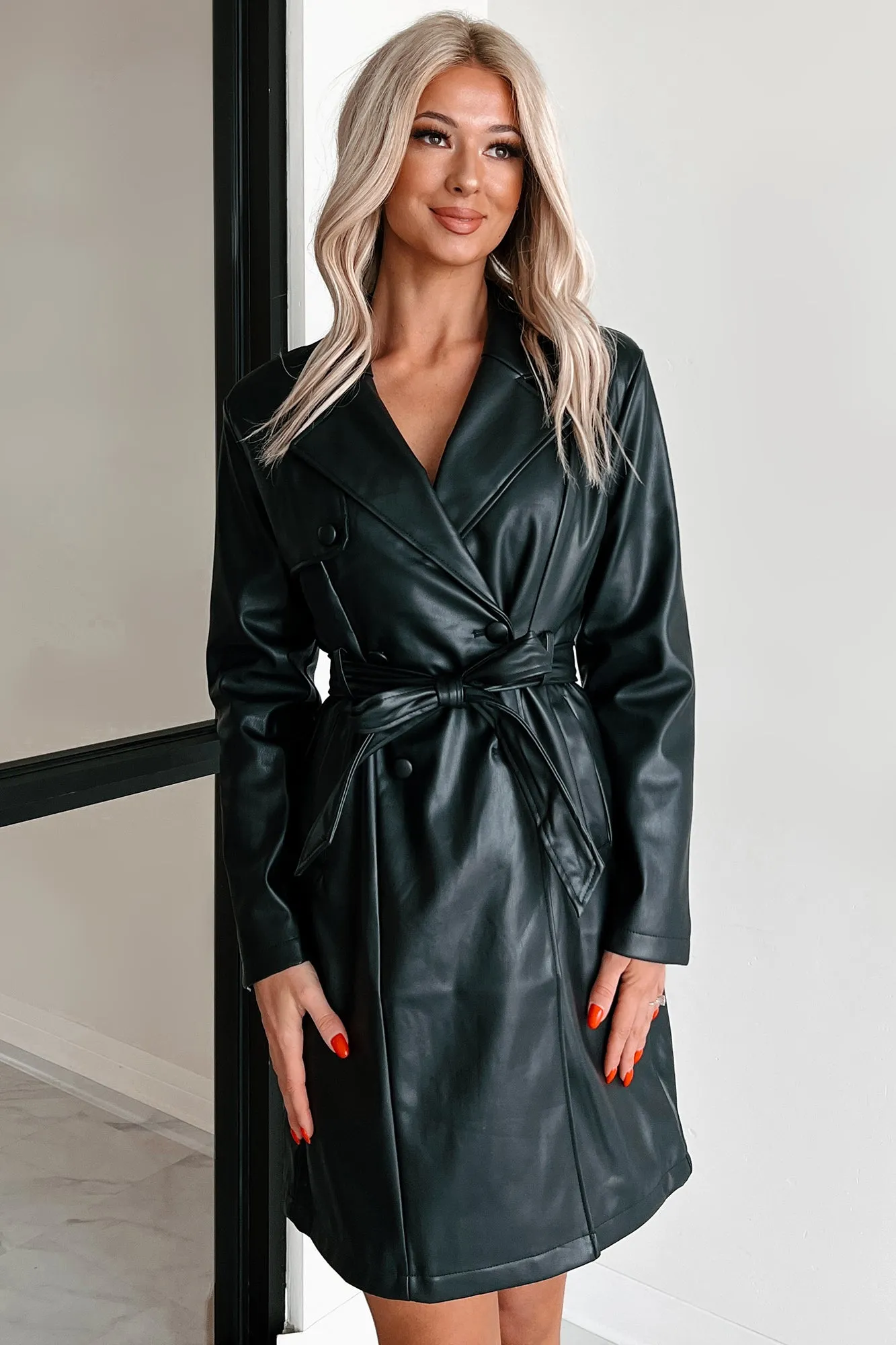 Chic Expectations Belted Faux Leather Trench Coat (Black)