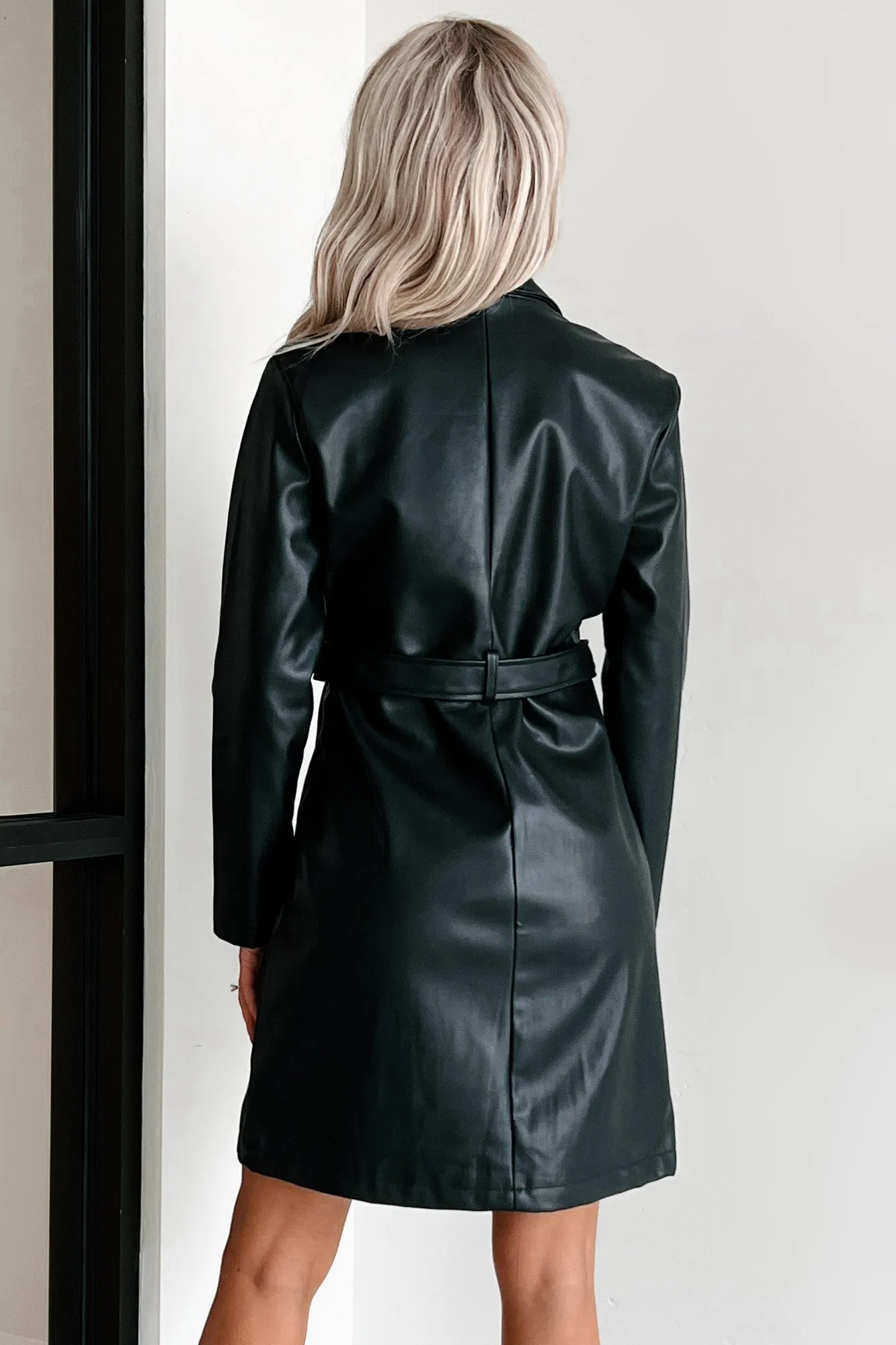 Chic Expectations Belted Faux Leather Trench Coat (Black)