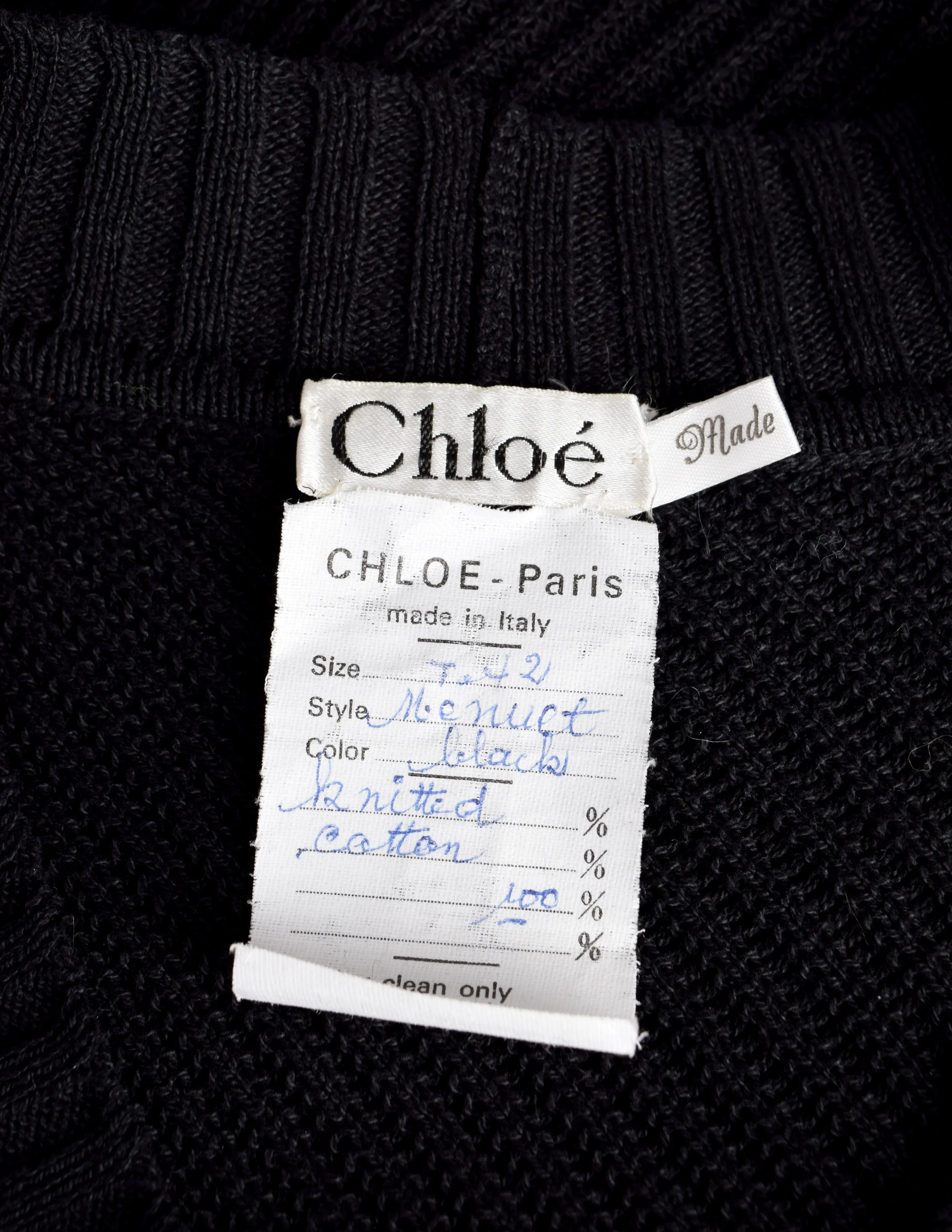 Chloe Vintage 1980s Black Ribbed Knit Cotton Short Sleeve V Neck Sweater