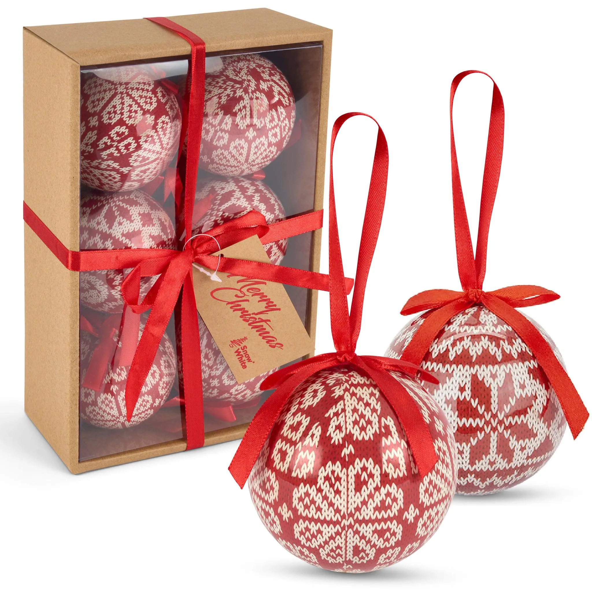 Christmas Baubles Red Knit Look Set of 6 7.5cm