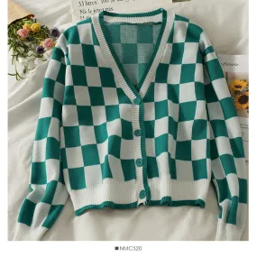 Color blocking Plaid low collar single breasted long sleeved top women's thin cardigan long sleeved sweater  1986