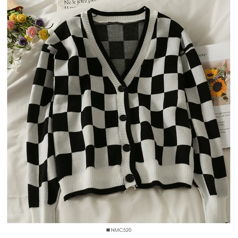 Color blocking Plaid low collar single breasted long sleeved top women's thin cardigan long sleeved sweater  1986