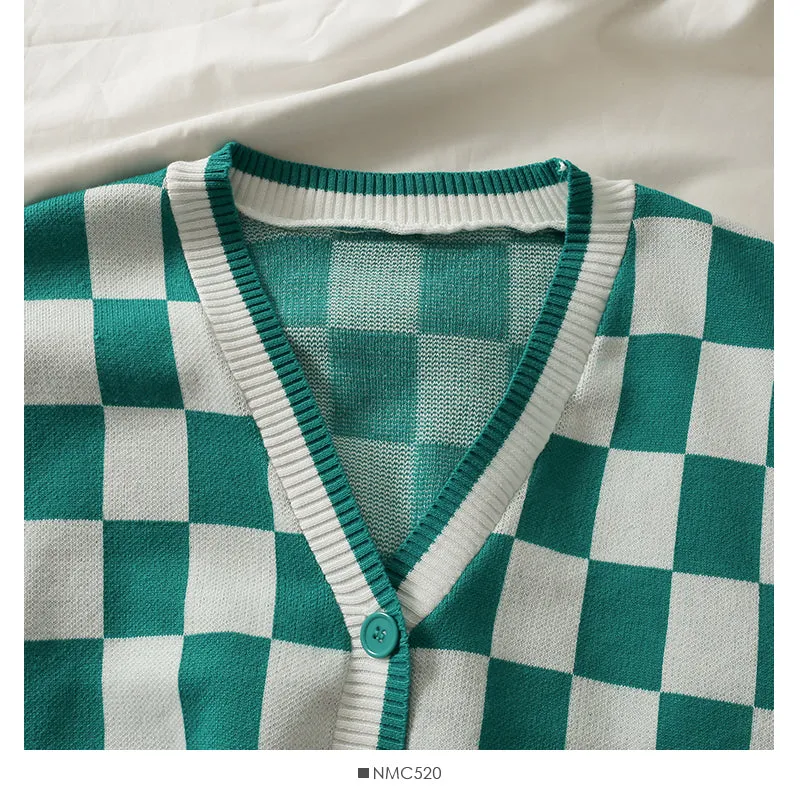 Color blocking Plaid low collar single breasted long sleeved top women's thin cardigan long sleeved sweater  1986