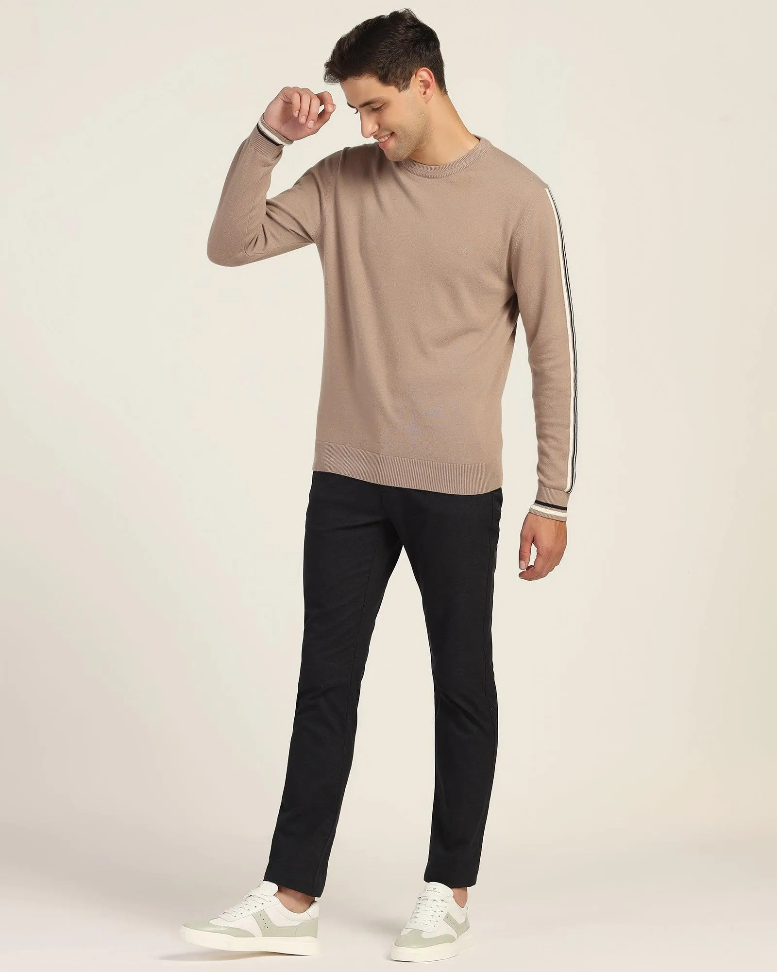 Crew Neck Beige Stripe Sweater - Forge