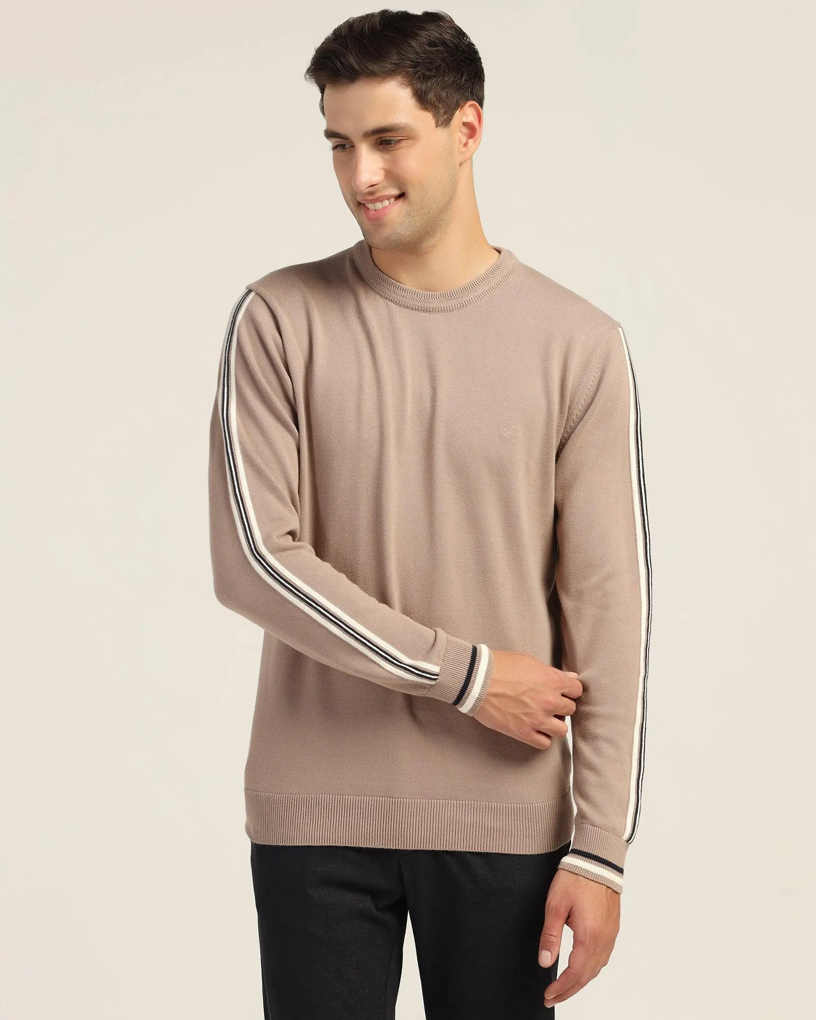 Crew Neck Beige Stripe Sweater - Forge