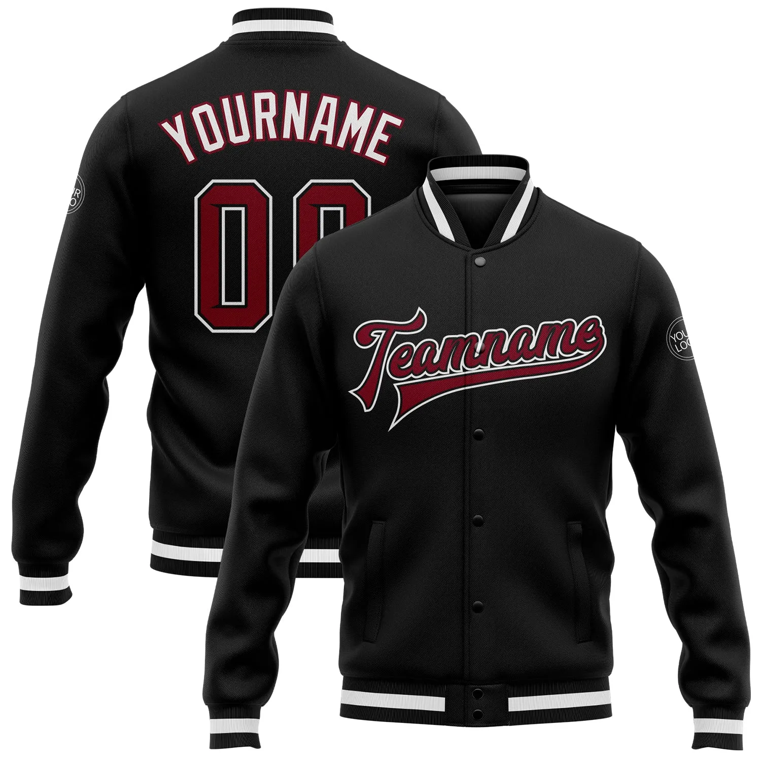 Custom Black Crimson-White Bomber Full-Snap Varsity Letterman Jacket