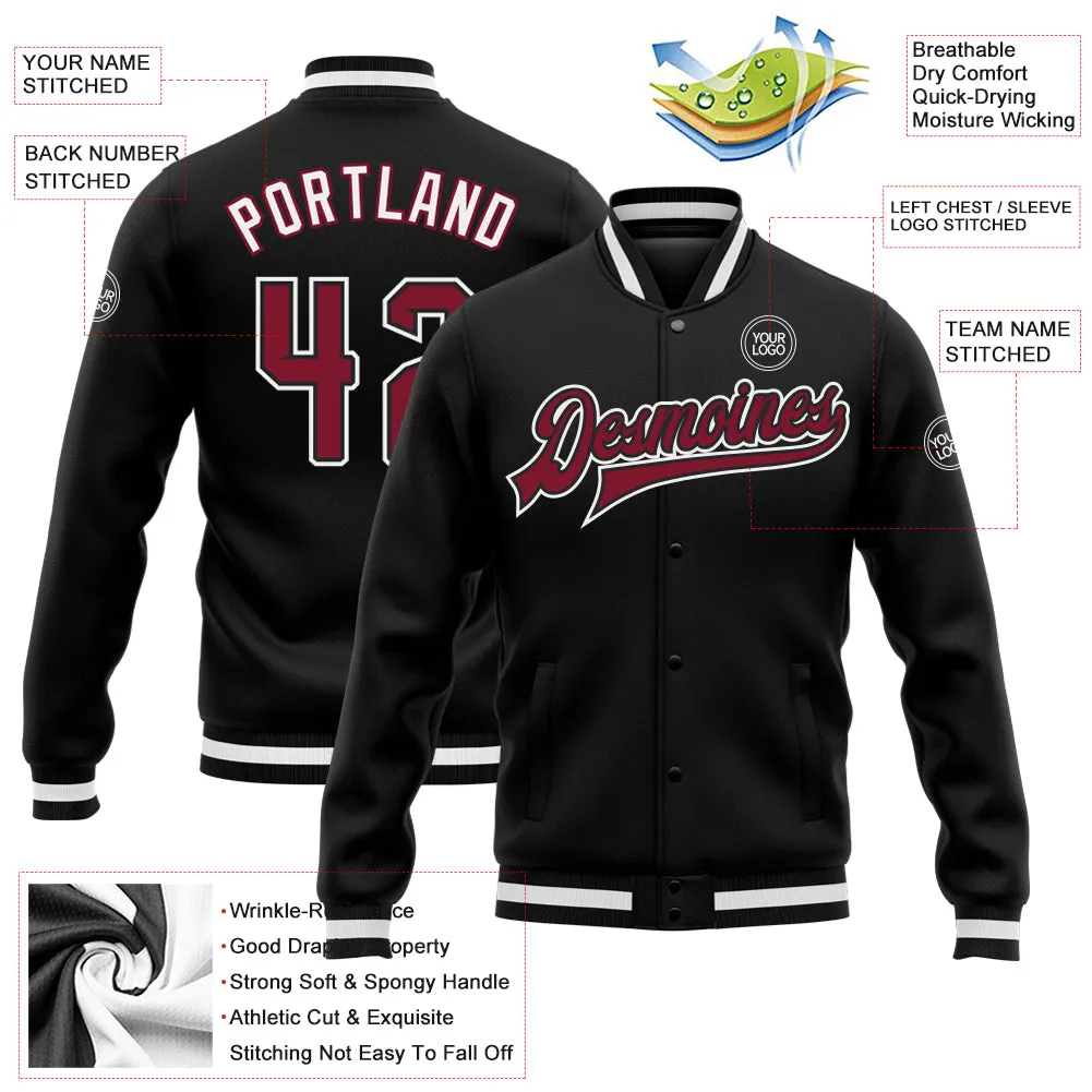 Custom Black Crimson-White Bomber Full-Snap Varsity Letterman Jacket