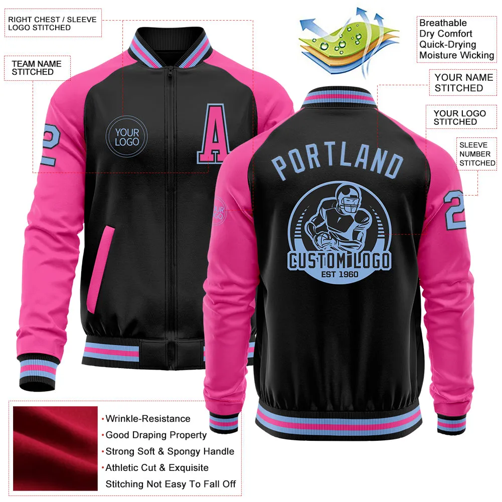 Custom Black Light Blue-Pink Bomber Varsity Letterman Two Tone Zipper Jacket