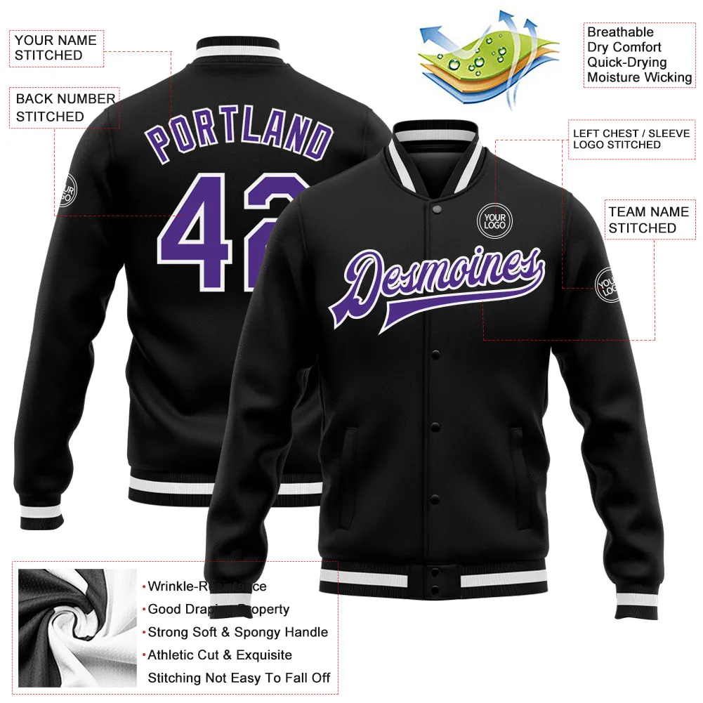 Custom Black Purple-White Bomber Full-Snap Varsity Letterman Jacket