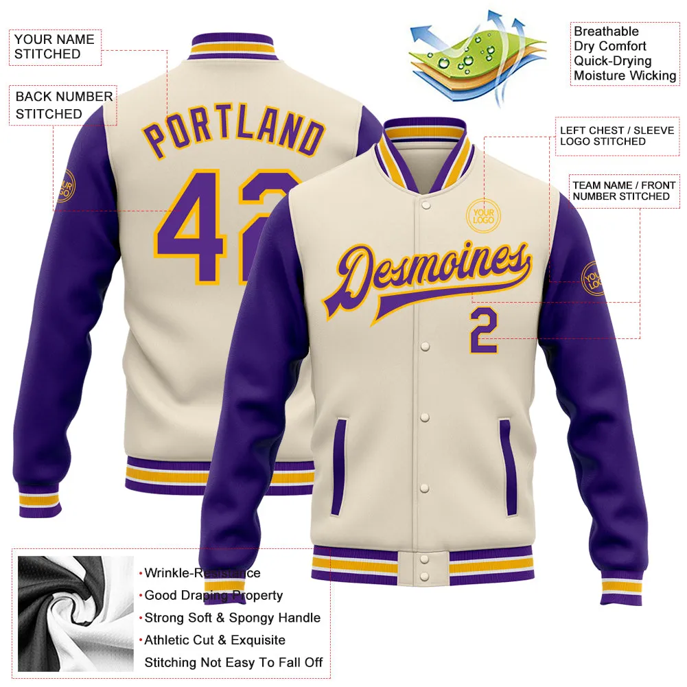 Custom Cream Purple-Gold Bomber Full-Snap Varsity Letterman Two Tone Jacket