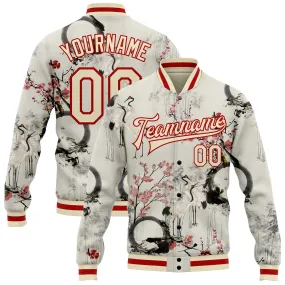 Custom Cream Red Heron And Flower 3D Pattern Design Bomber Full-Snap Varsity Letterman Jacket