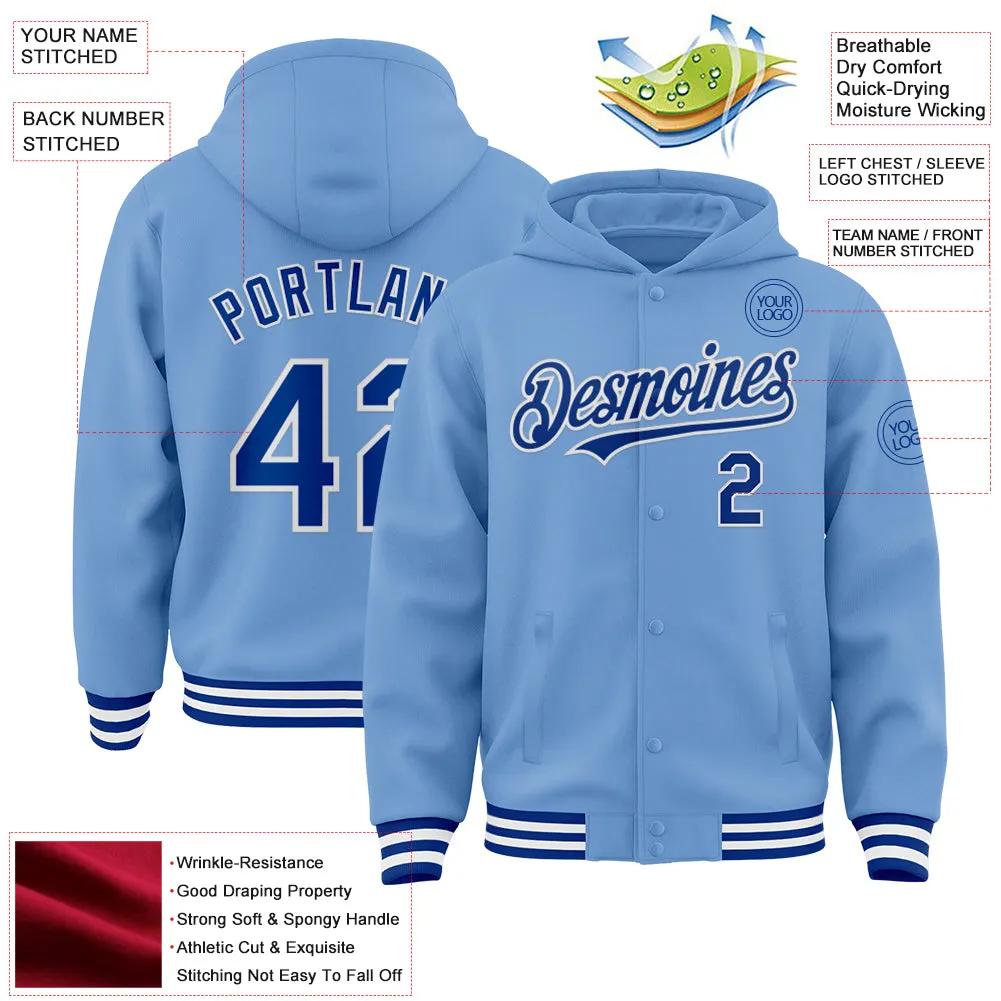 Custom Light Blue Royal-White Bomber Full-Snap Varsity Letterman Hoodie Jacket