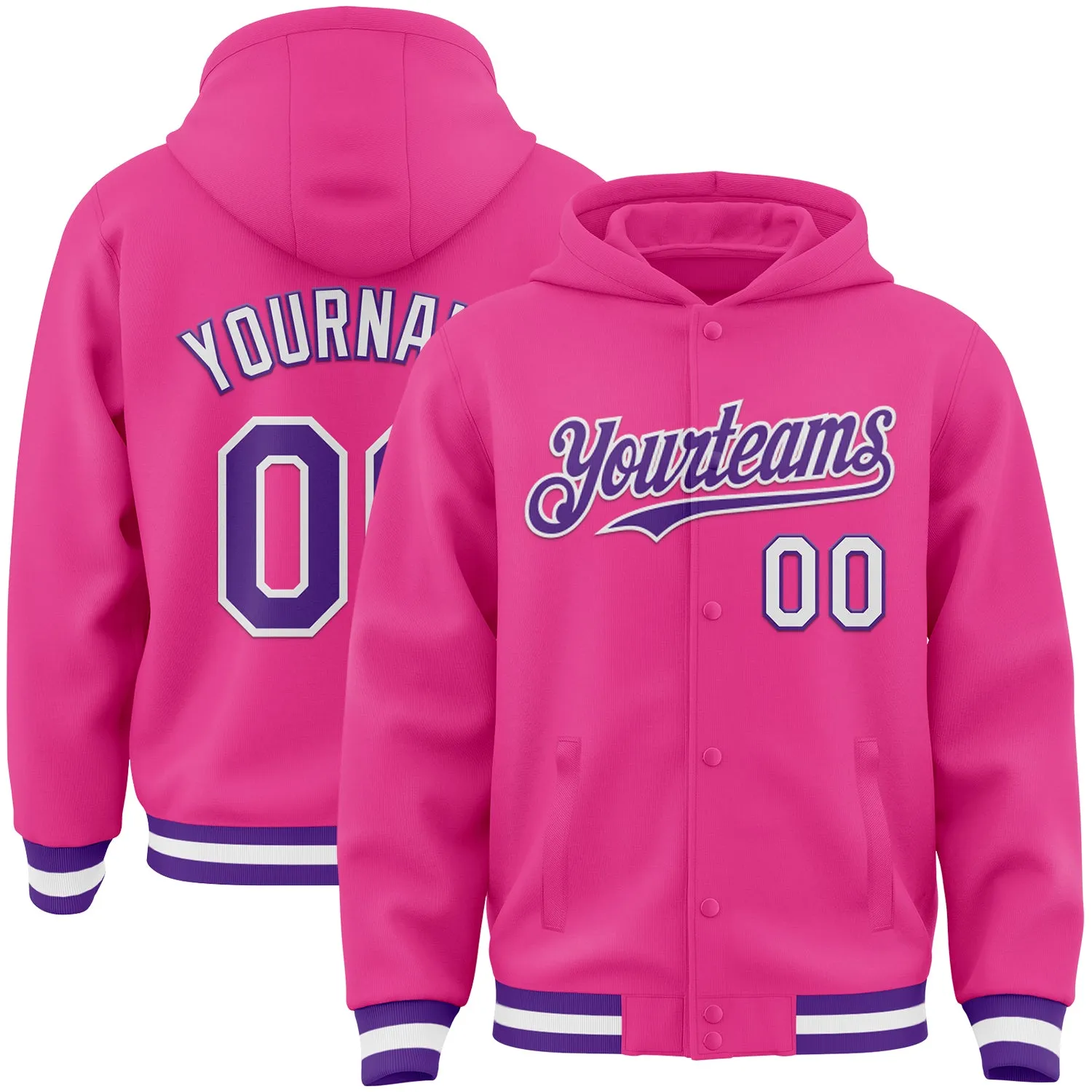 Custom Pink Purple-White Bomber Full-Snap Varsity Letterman Hoodie Jacket