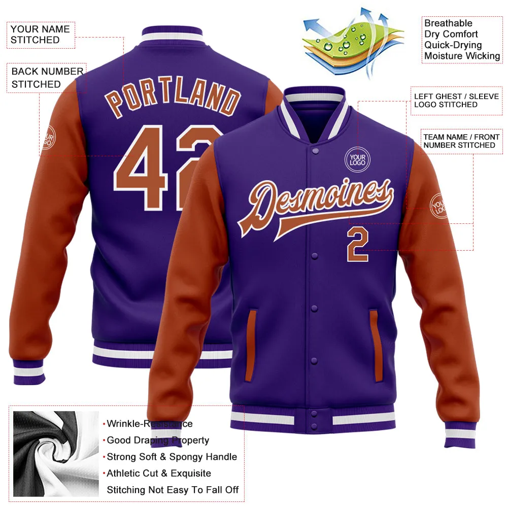 Custom Purple Texas Orange-White Bomber Full-Snap Varsity Letterman Two Tone Jacket