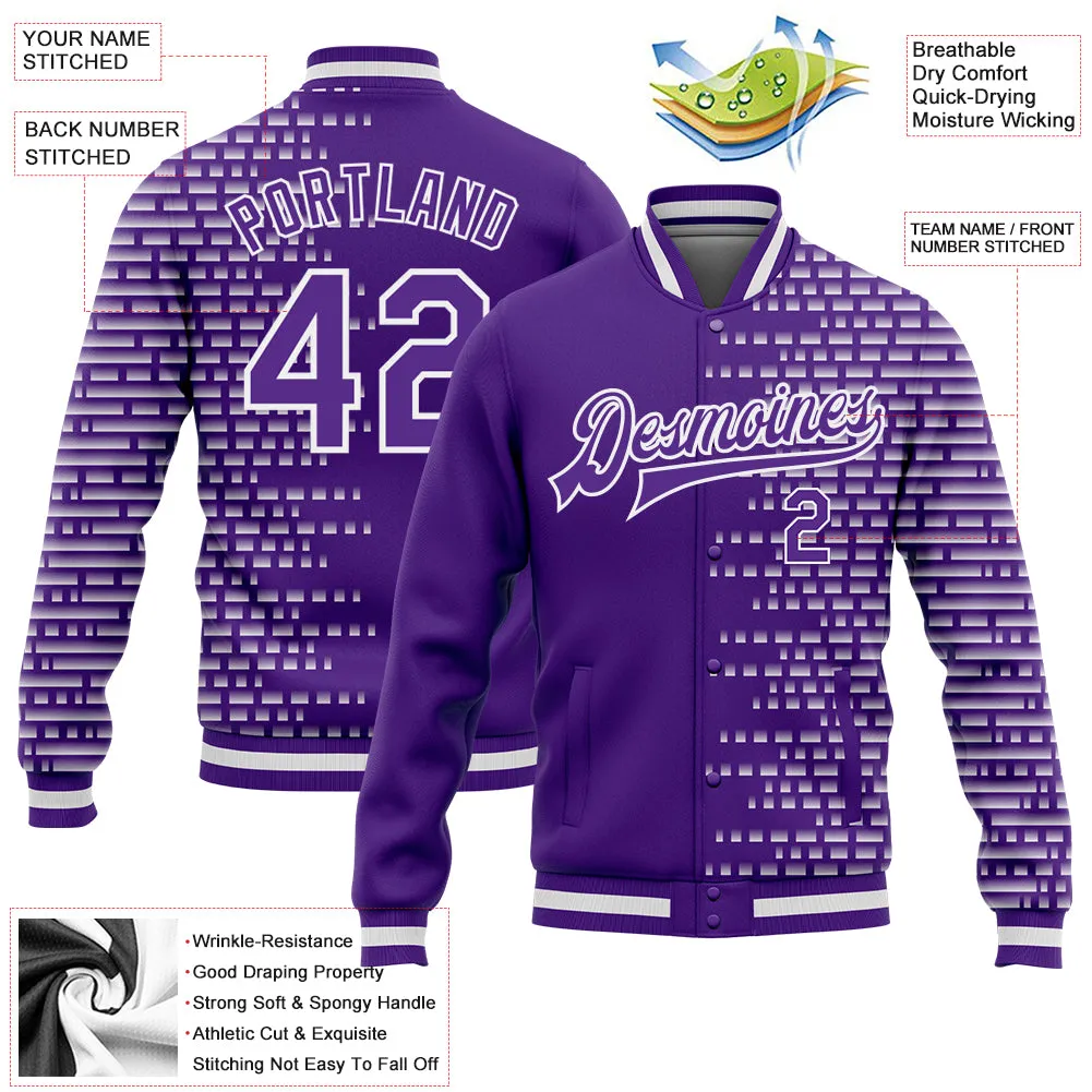 Custom Purple White Halftone 3D Pattern Design Bomber Full-Snap Varsity Letterman Jacket