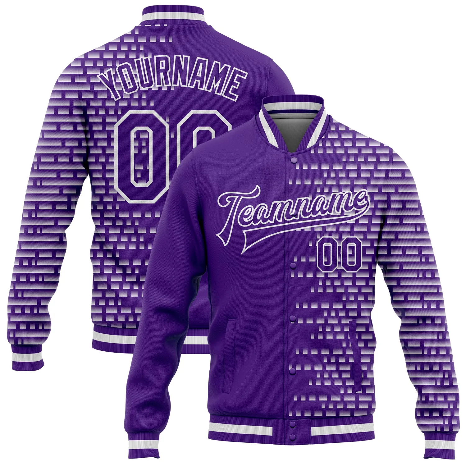 Custom Purple White Halftone 3D Pattern Design Bomber Full-Snap Varsity Letterman Jacket